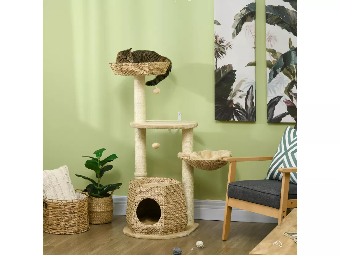 Arbre à chat style cosy chic griffoirs sisal naturel niche 2 paniers avec coussins plateforme 2 boules suspendues quenouille peluche courte crème beige