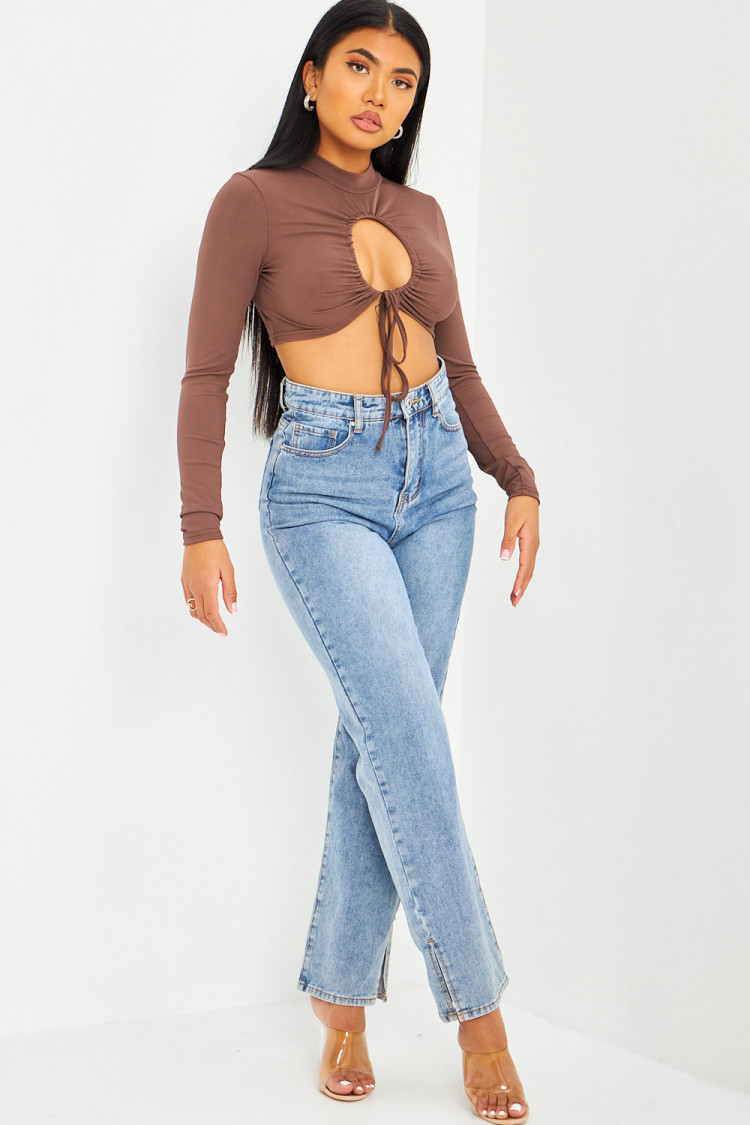 Crop top marron ajouré à la poitrine