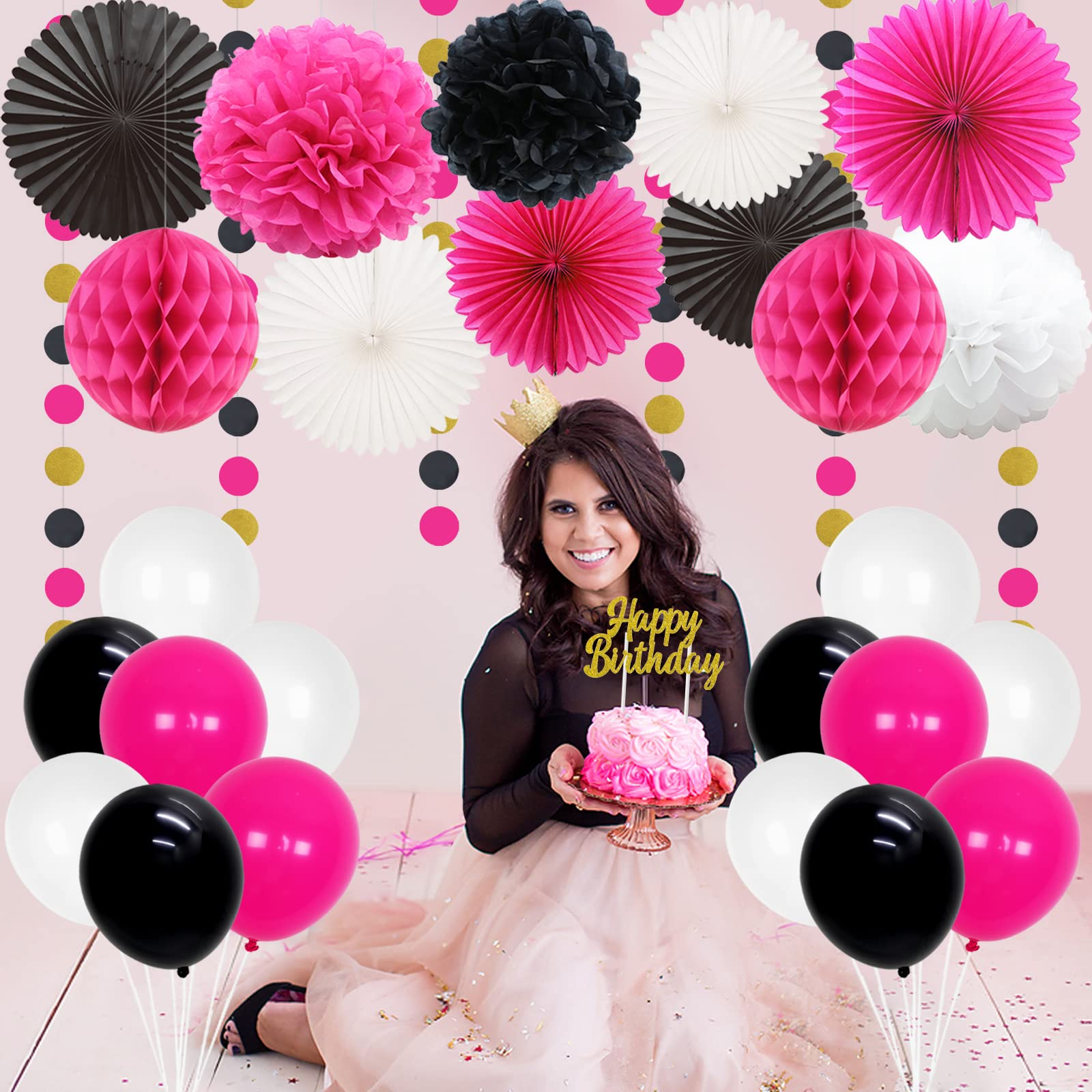 (31-tlg. Set) Happy Birthday Girlande Geburtstags Party Deko   Luftballons / Kuchenstecker / Wabenkugeln / Kreis Girlanden / Rosetten - Pink / Schwarz