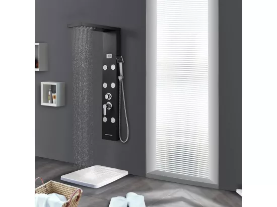 Colonne de Douche Noir LED Panneau douche pour Salle Bain Hydromassages Système Douchemultifonctionnel colonne murale 6 Grandes Buses Massants