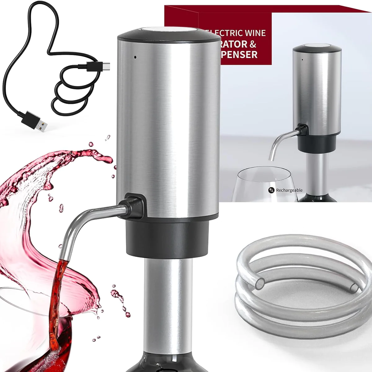Aérateur de Vin Électrique Verseur Rechargeable 2-en-1 Automatique arg