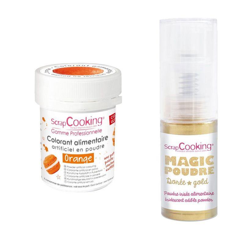 Colorant alimentaire Orange + Poudre irisée dorée Scrapcooking