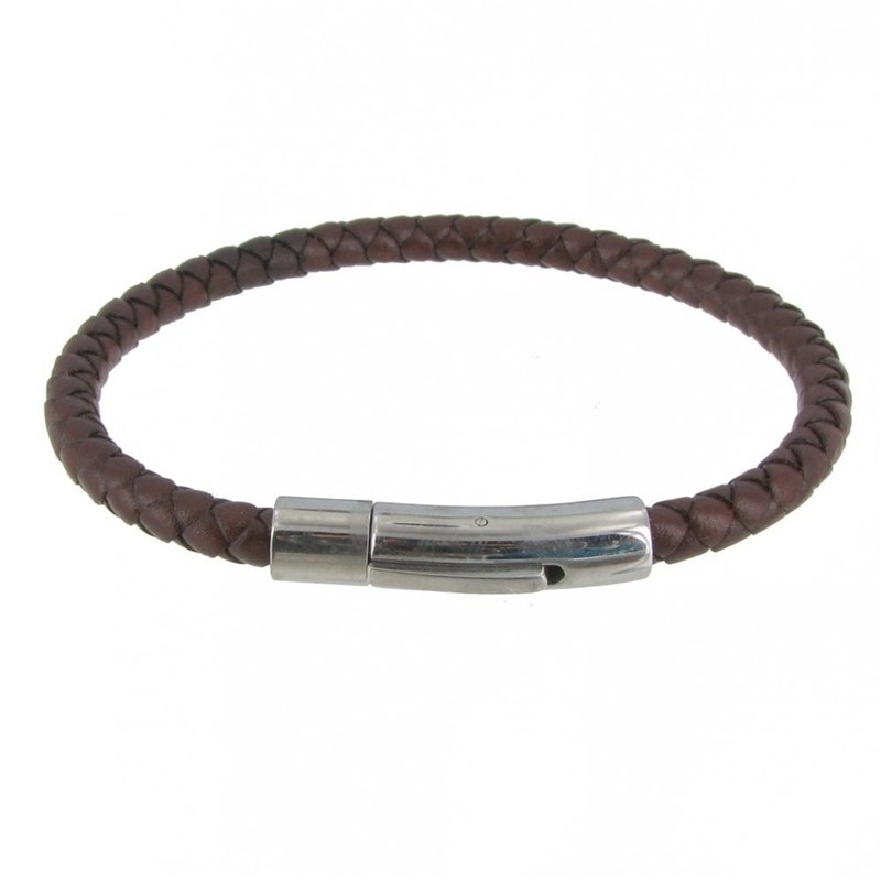 Bracelet Homme Cuir Tréssé Rond Fermoir Acier Inoxydable - Classics - Marron clair