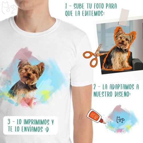 Camiseta masculina Mascochula em aquarela, personalizada com a foto do seu pet cinza.