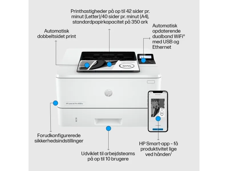 HP LaserJet Pro 4002dw - Printer - S/H - Duplex - laser - A4/Legal - 4800 x 600 dpi - op til 40 spm - kapacitet: 350 ark - USB 2.0, Gigabit LAN, Bluetooth, Wi-Fi(n)