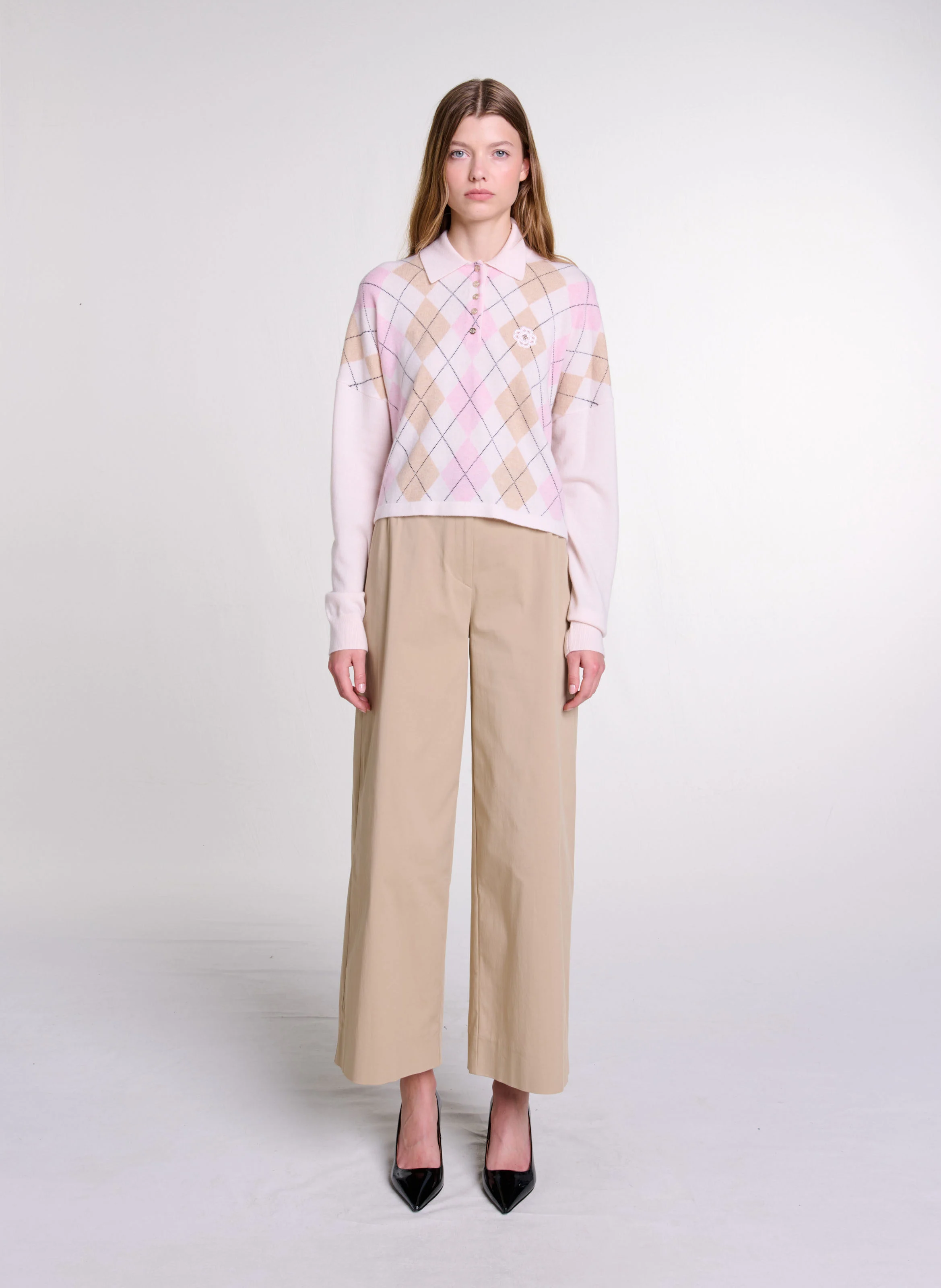 Pull court col polo en laine mélangée | Beige