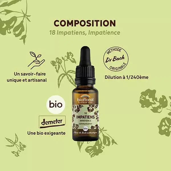 Florais de Bach Biofloral 18 Impatiens Impatiens Dropper Orgânico 20 ml
