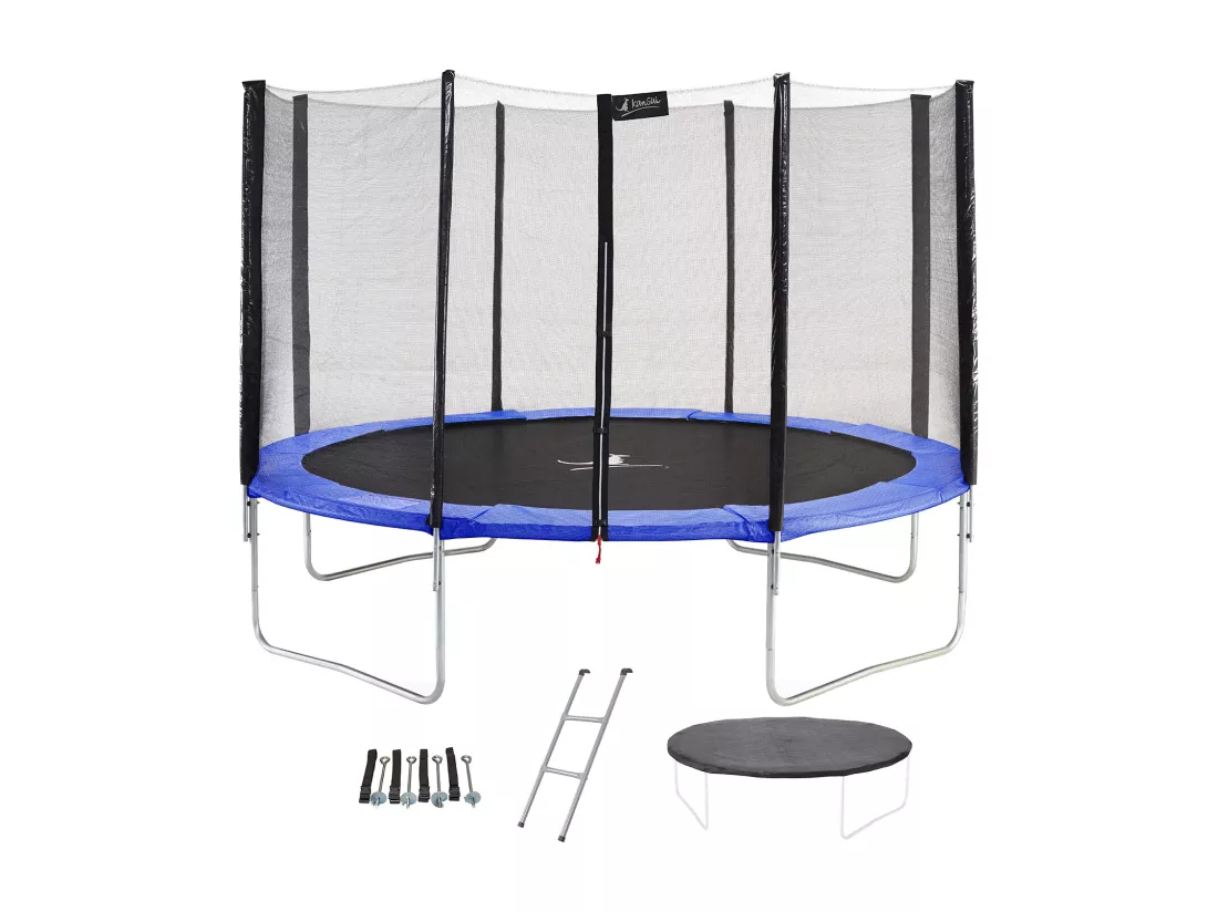 Trampoline rond Bleu Ø360cm avec filet, échelle, bâche et kit ancrage