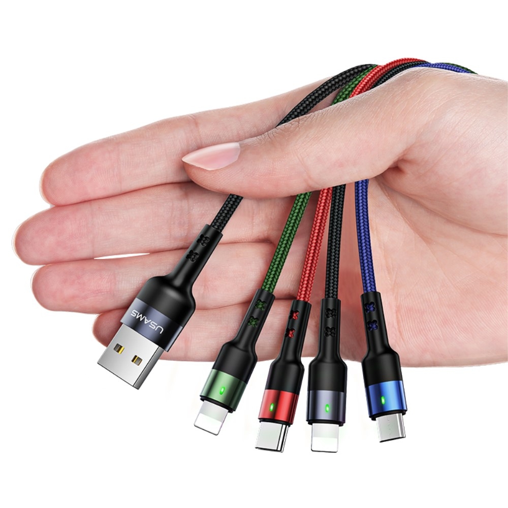 (1.2m) 4in1 USB 2A Ladekabel Nylon Geflecht - 2 x Lightning / 1 x Micro USB / 1 x USB C