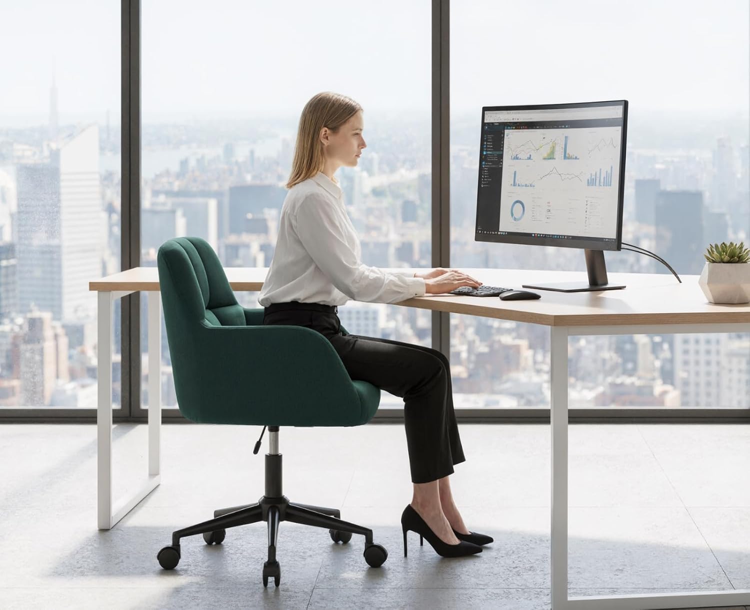 Bürostuhl Samt mit Rollen, Drehstuhl höhenverstellbar Schreibtischstuhl Dicker Rückenlehne Homeoffice Stuhl komfortabler für Arbeitszimmer, Schlafzimmer,Grün