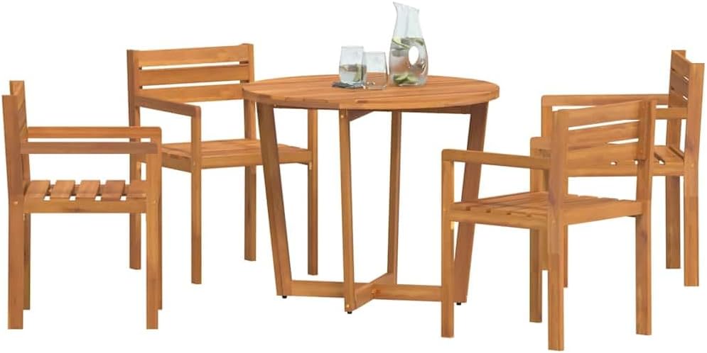 5-teiliges Garten-ESS-Set aus Massivholz Akazie, Ø90cm Runder Tisch mit 4 Stühlen, Geöltes Holz für Terrasse Balkon, Witterungsbeständiges Outdoor-Möbelset