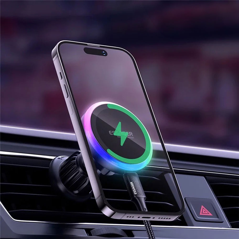(15W) Selbstklebende MagSafe Auto KFZ Ladegerät Halterung Dashboard Smartphone Ständer für Lüftungsgitter Air Frame mit LED Beleuchtung - Schwarz