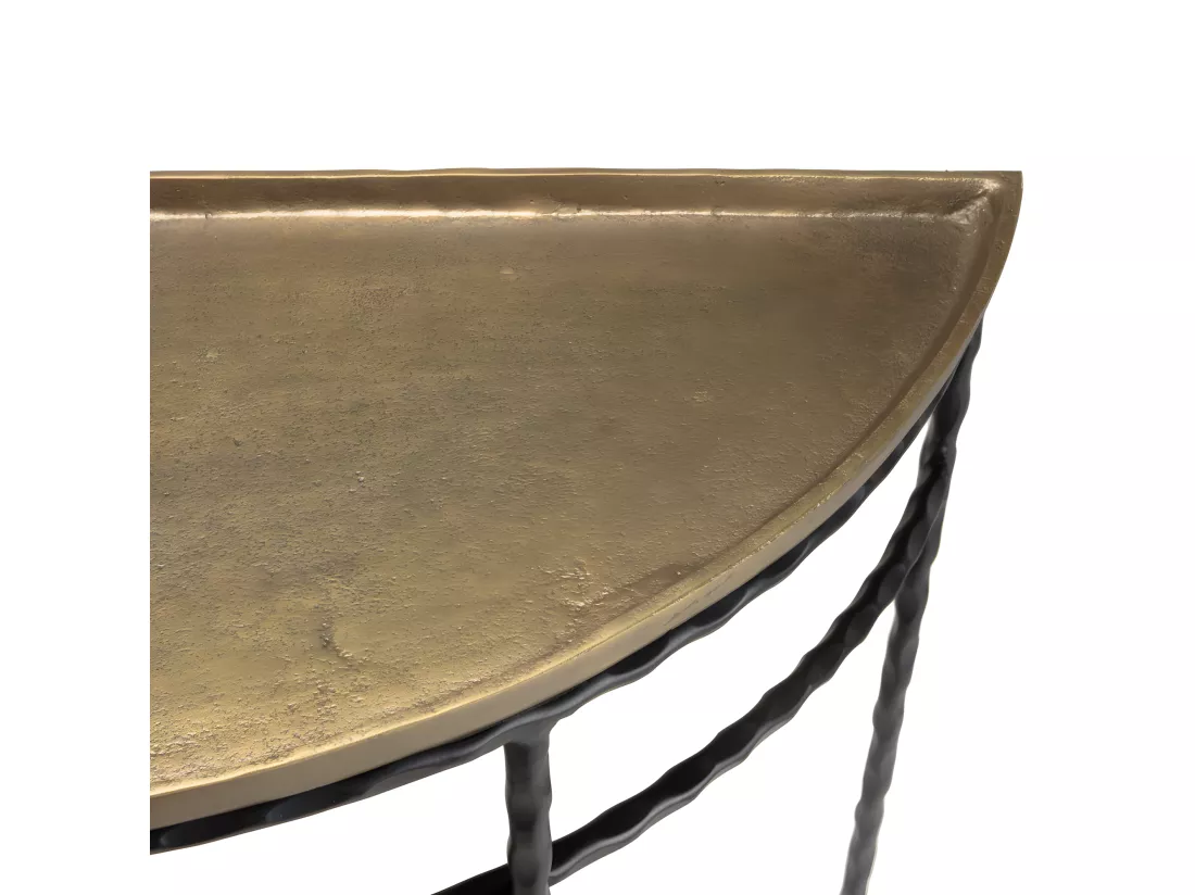 JONAS - Console demi-lune 90x36cm alu doré pieds métal noirs torsadés