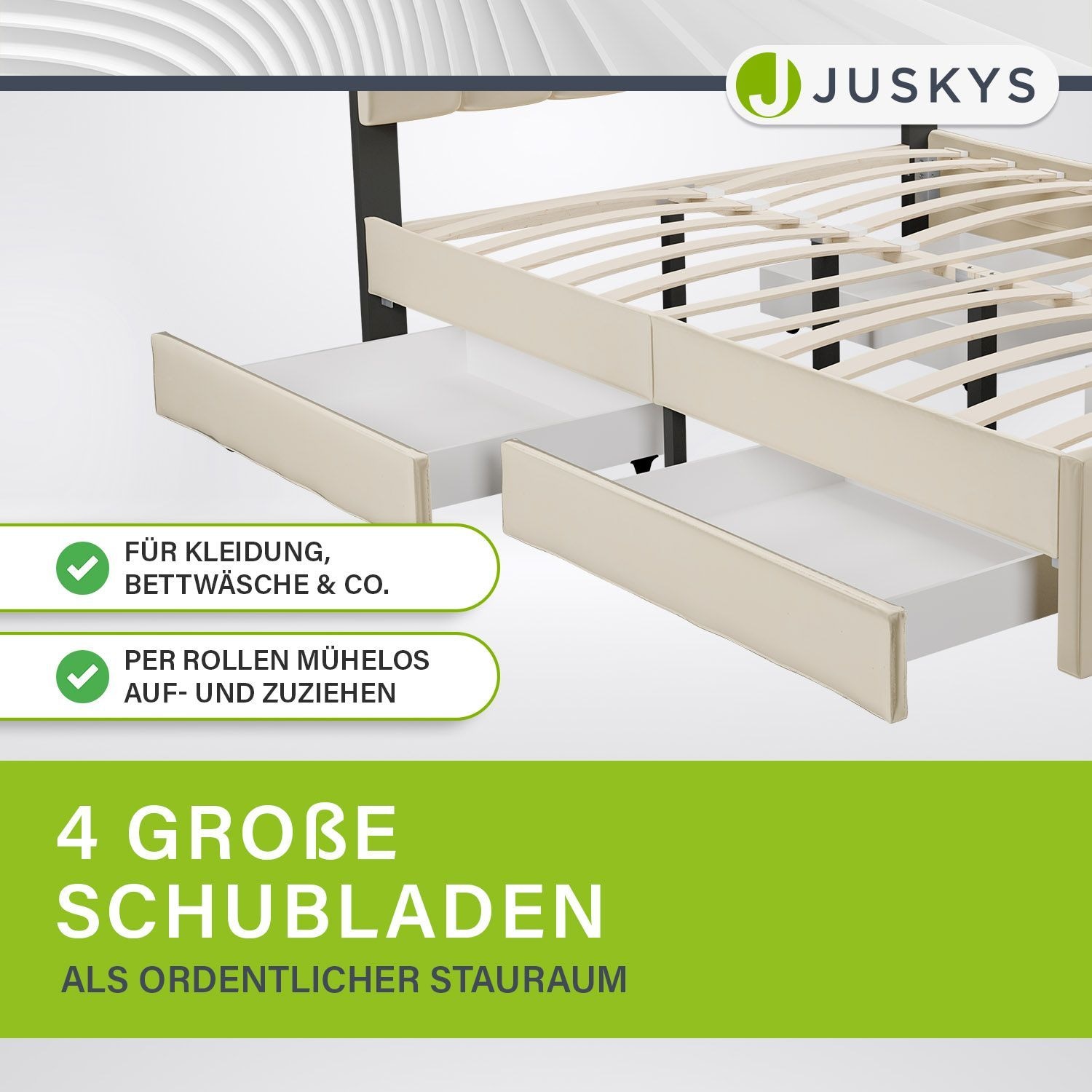Juskys Samt Polsterbett Soria 140x200 cm mit Lattenrost, Kopfteil & Schubladen - modernes Bett Beige