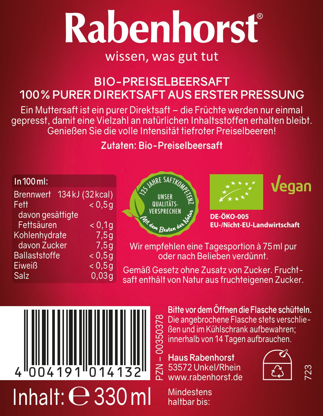 Rabenhorst Preiselbeere Muttersaft BIO