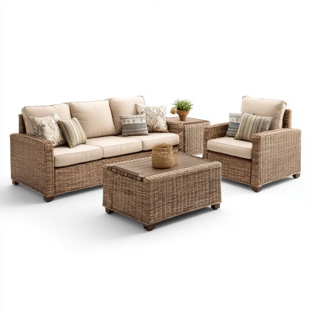 Garten-Sofaset Rattan 3-Sitzer 180x75x70 cm Naturfarben/Beige – Modern