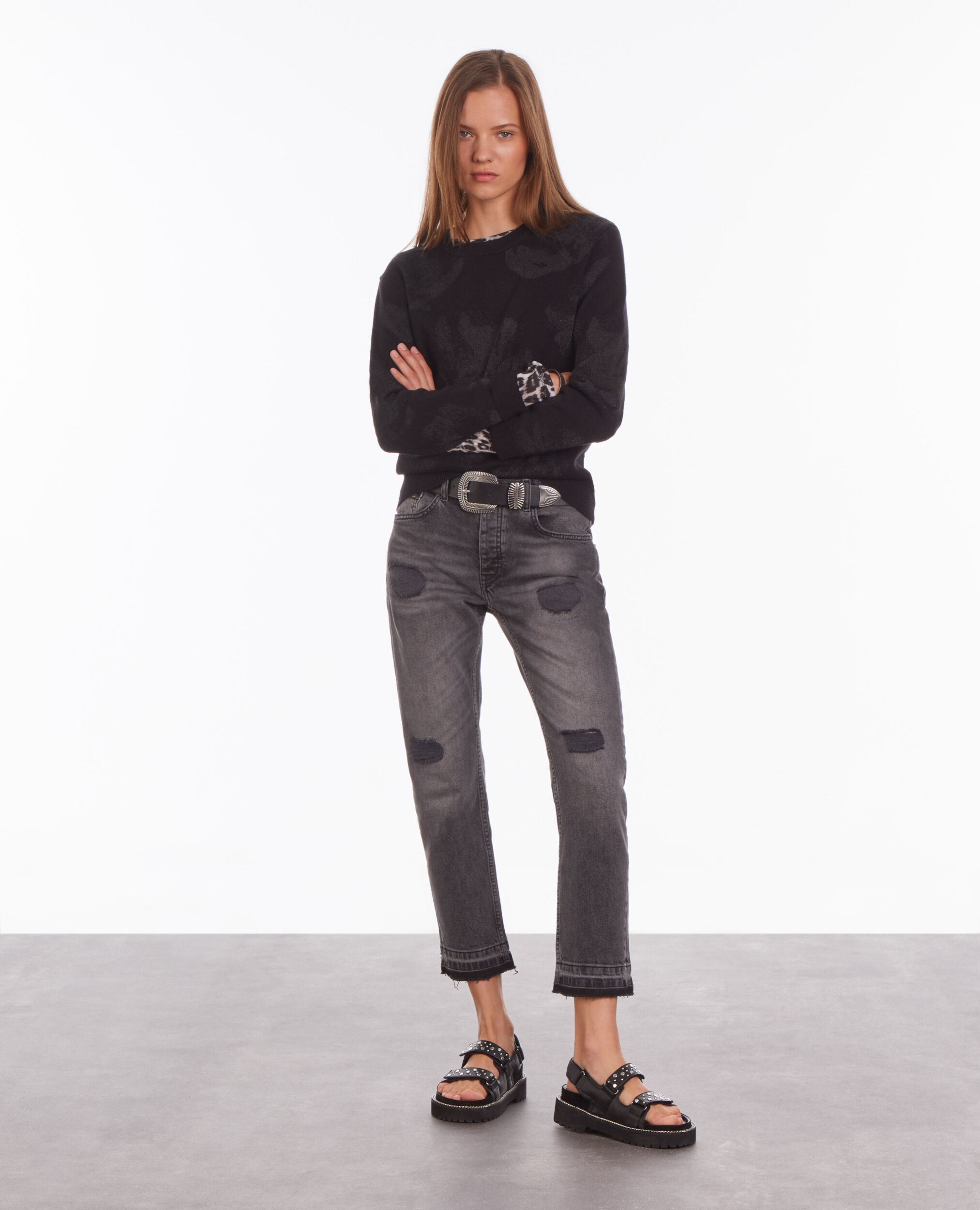 Pull noir en laine mélangée avec motifs en lurex