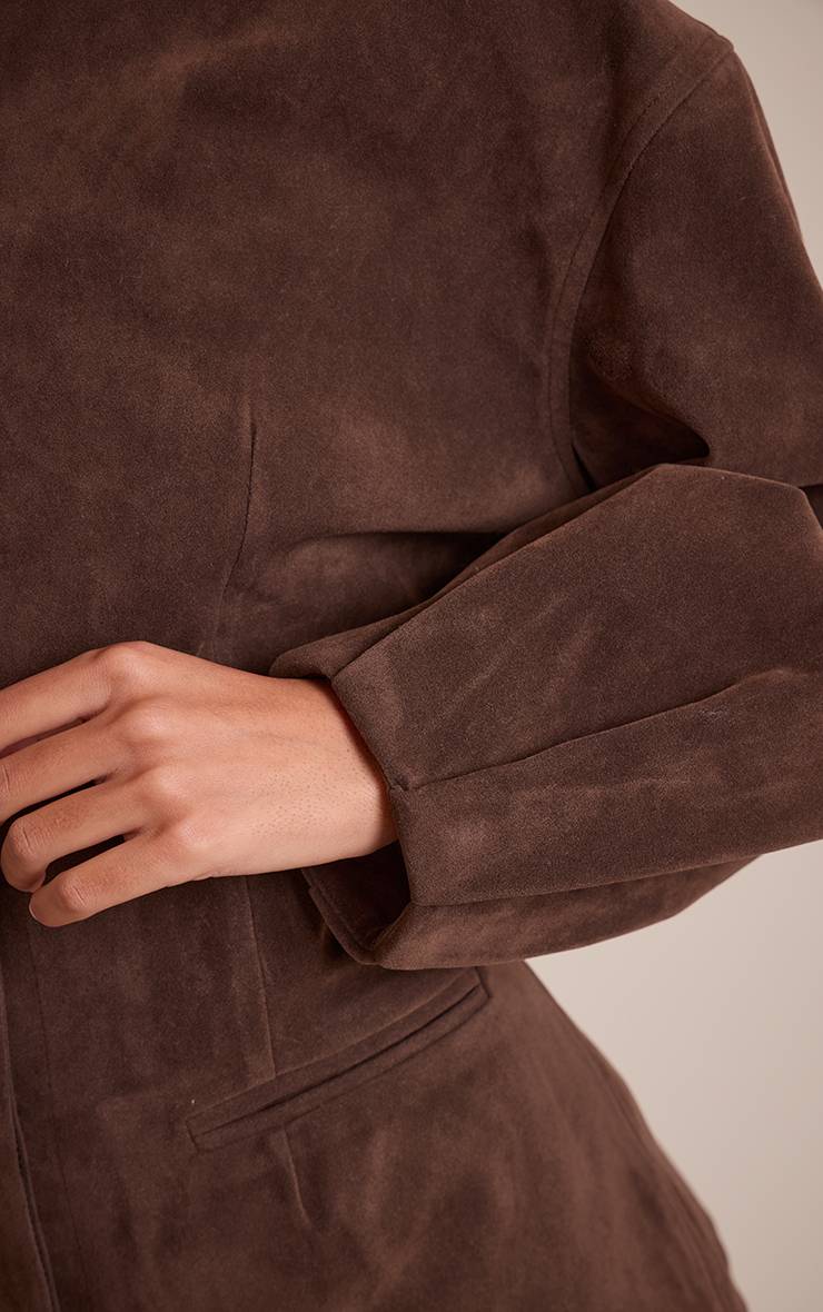 Marron Foncé Blazer Long Sans Col À Manches Cocon En Daim Avec Jupe Coordonnée