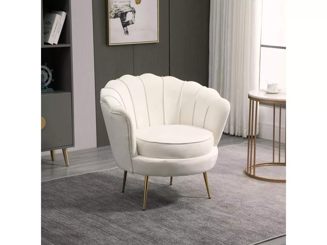 Fauteuil coquillage fauteuil design dim. 79L x 77l x 77H cm pieds dorés effilés velours blanc laiteux