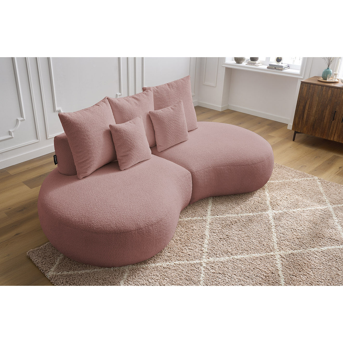 Bobochic Canapé droit fixe 3 places saint-germain tissu bouclette rose - 260x145x92 cm