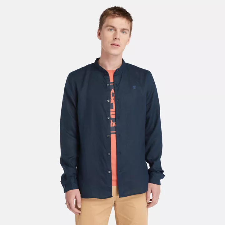 Chemise en lin Mill Brook à col Mao pour homme en bleu marine