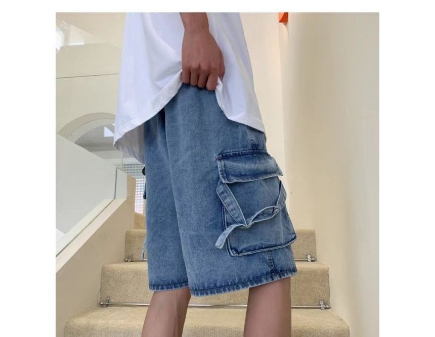 DuckleBeam - Mid Rise Washed Denim Cargo Shorts
