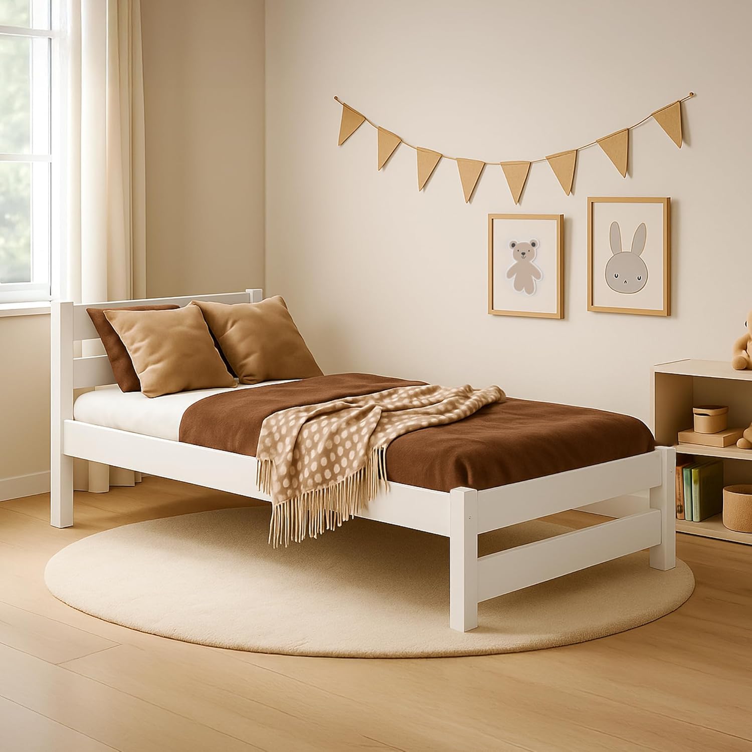 Kinderbett 80x160 cm in Weiß - Jugendbett - Kinder Bett Montessori - Einzelbett aus Kiefer Massivholz – Lattenrost – Tagesbett ohne Matratze