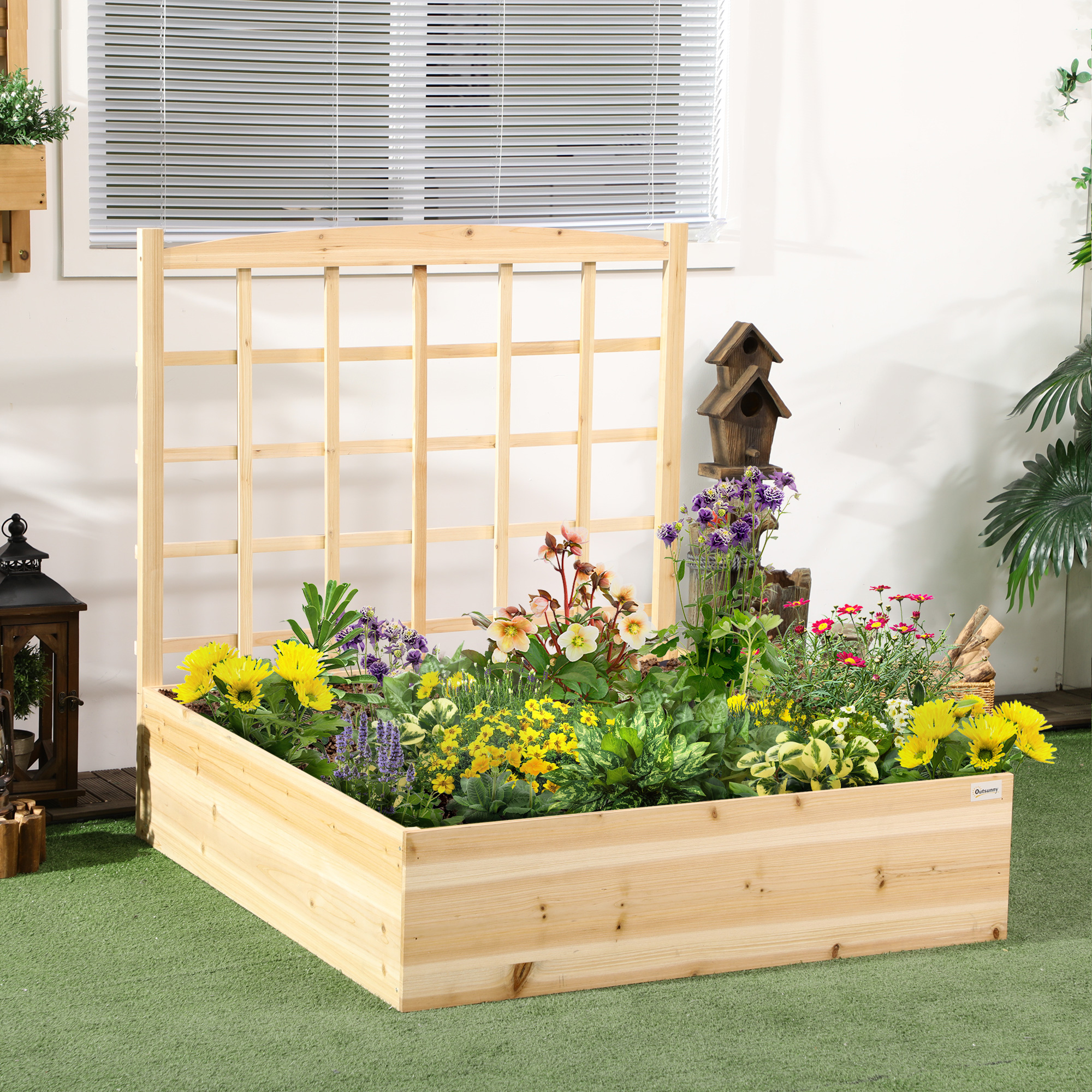 Jardineira de madeira com treliça Outsunny, canteiro de jardim com treliça, jardineira em forma de caixa para plantas trepadeiras, vegetais e flores, 110x116x120 cm, cor natural.