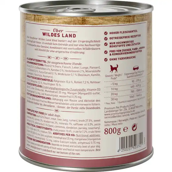 Hundefutter Adult Rind mit Süßkartoffeln, Heidelbeeren, Wildkräutern und Distelöl