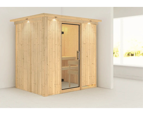 Karibu Bodina modulaire sauna zonder oven, met dakkroon en volledig glazen deur van helder glas