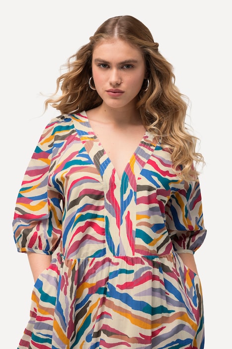 Midikleid, A-Linie, V-Ausschnitt, geraffter Halbarm