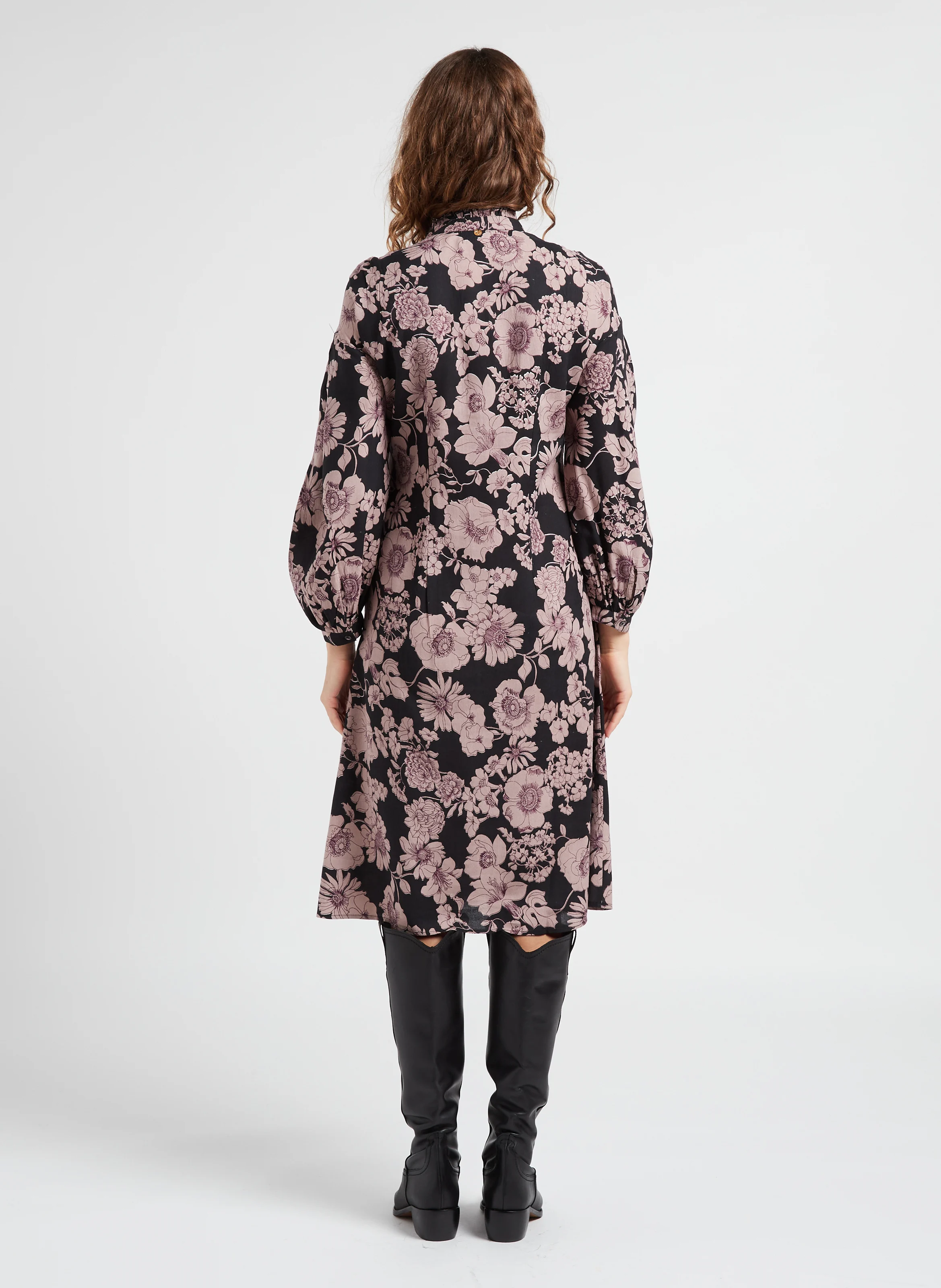 LEONIE - Robe mi-longue col rond à imprimé floral | Noir