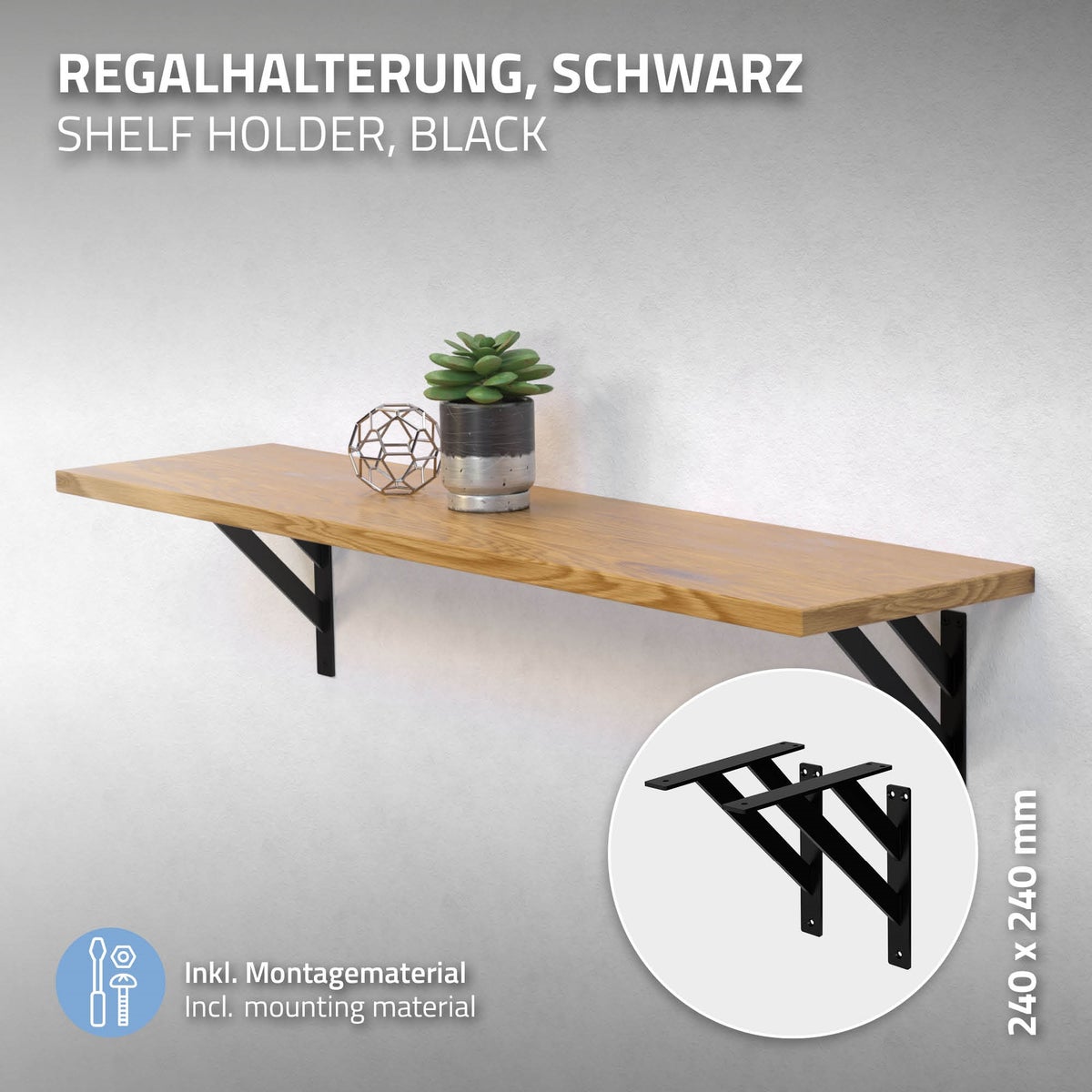 ML-Design 2-delige plankdragerset 240x240 mm, zwart, aluminium, zwevende plankdragers, plankhoekdragers, plankdragers voor wandmontage, plankdragers, plankdragers voor wandmontage, wandconsoles, plankdragers