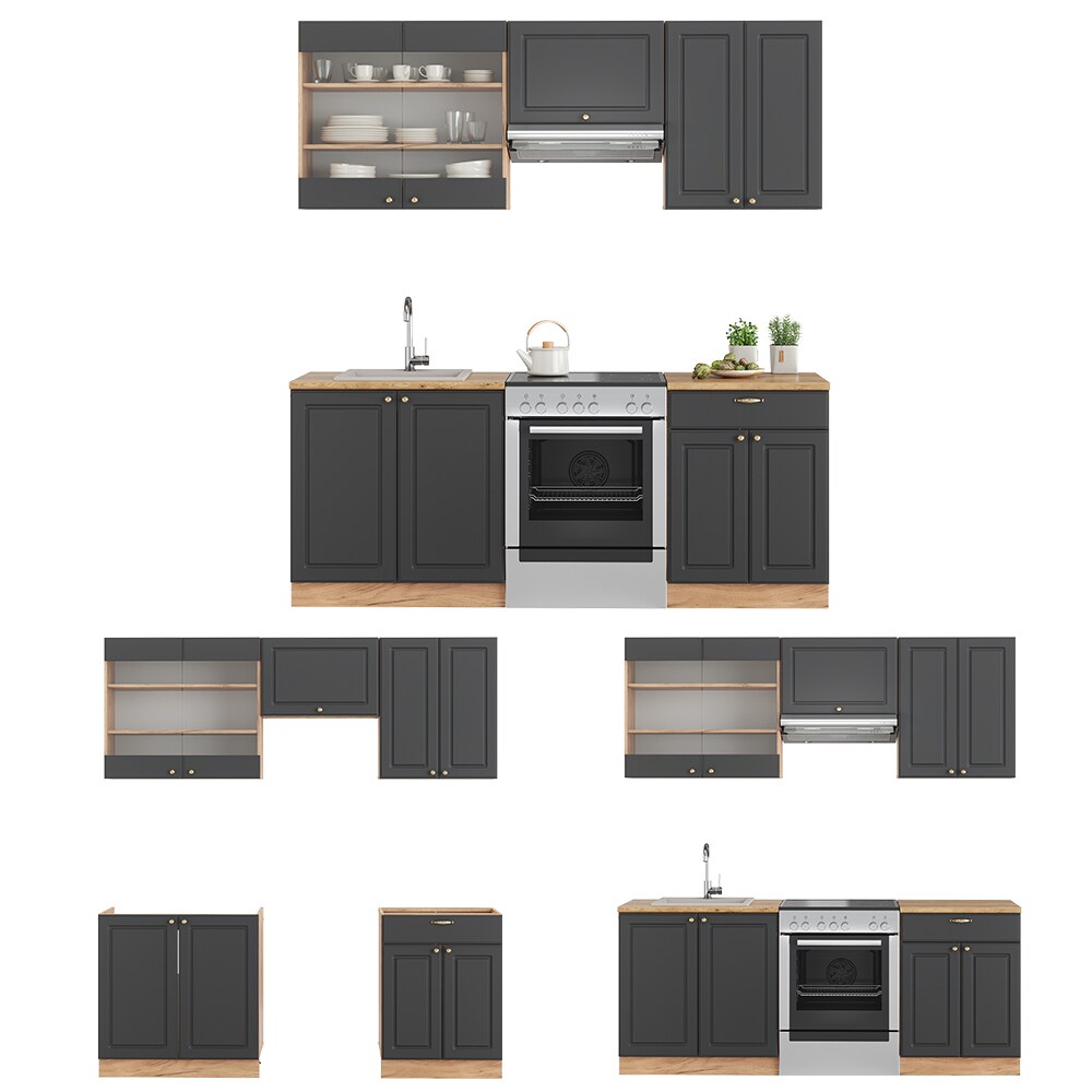 Vicco Küchenzeile Küchenblock Einbauküche Fame-Line Landhaus Eiche Anthrazit Gold 200 cm Küchen Schränke Schubunterschrank Spülenunterschrank Hängeschrank Hängeglasschrank