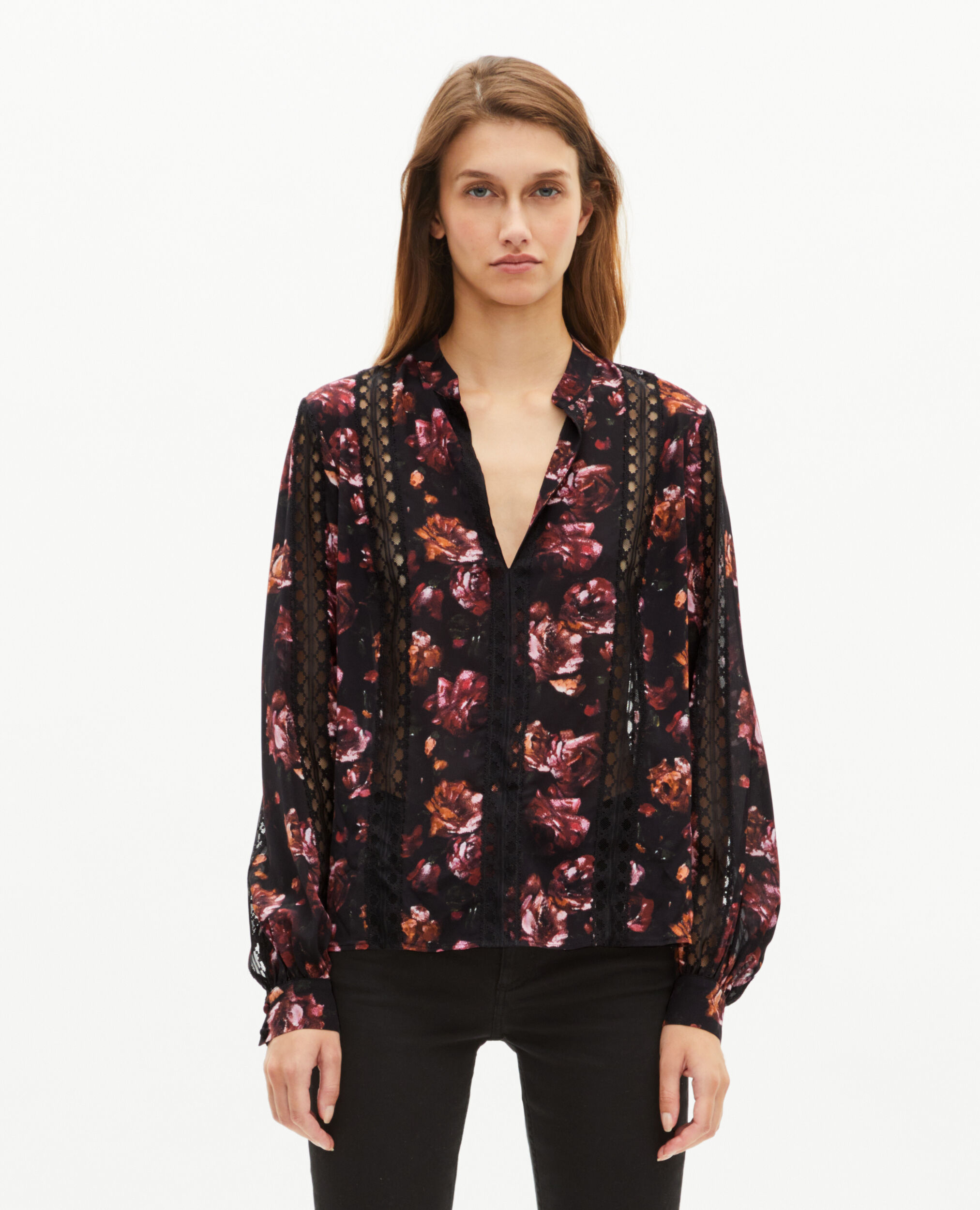 Blouse imprimé fleuri en soie mélangée bordeaux