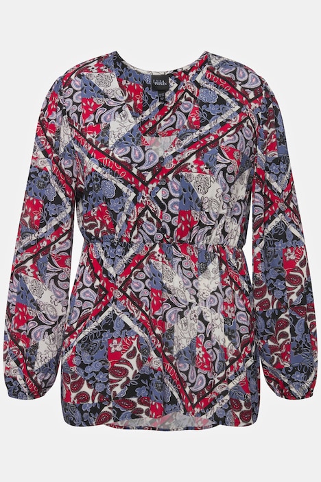 Bluse, Patchmuster, Schößchen, V-Ausschnitt, Langarm
