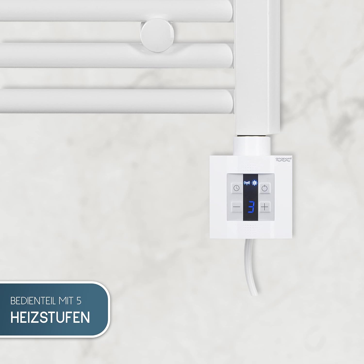 anapont elektrischer Badheizkörper 1475x600 - weiß gerade - Timer-Funktion - Handtuchheizkörper - Badheizung elektrisch - Handtuchheizung - Made in Germany