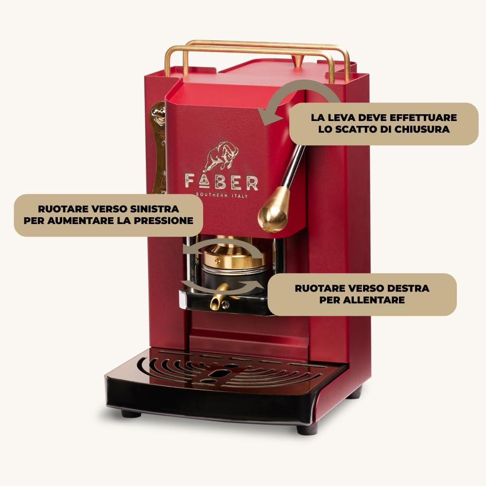 FABER COFFEE MACHINES | Modell Pro Mini Deluxe | Kaffeepadmaschine für 44 mm ESE-Pads | Einstellbare Padpresse aus Messing (CHERRY RED)