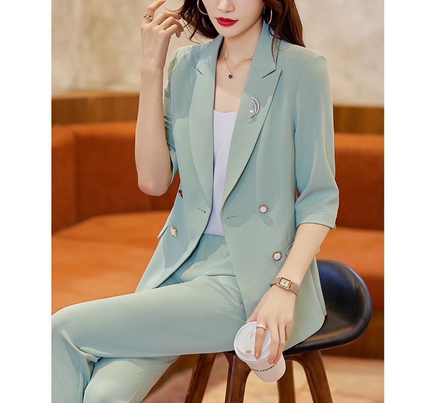 Princess Min - 3/4-mouw effen dubbelrijs blazer / cropped taps toelopende pantalon