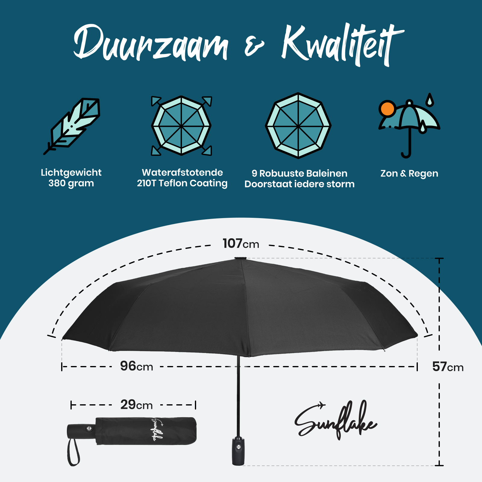 Sunflake opvouwbare stormparaplu - Black
