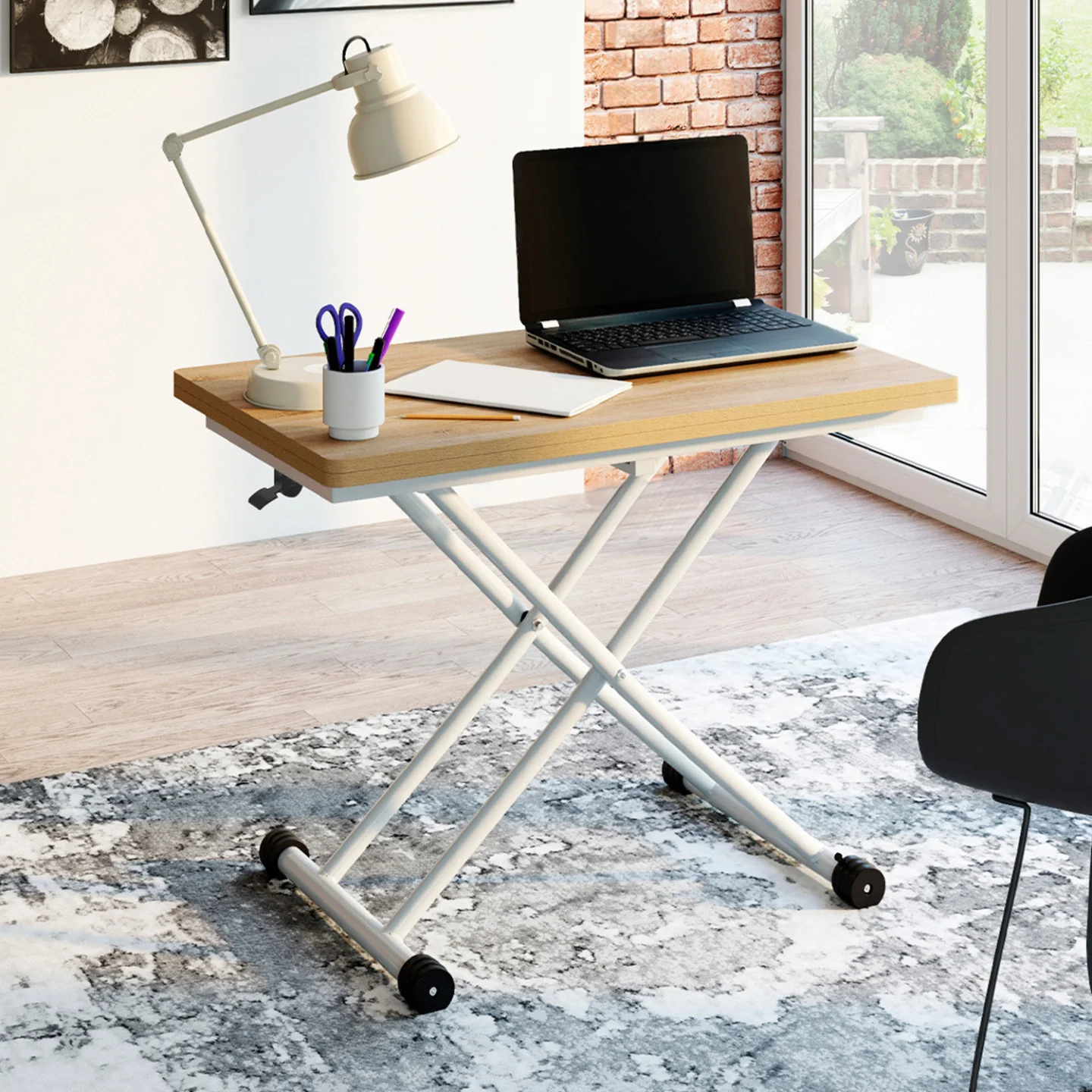 Table basse 2-en-1 relevable en table à manger 6-8 personnes plateau portefeuille URBANA plateau façon hêtre pied blanc