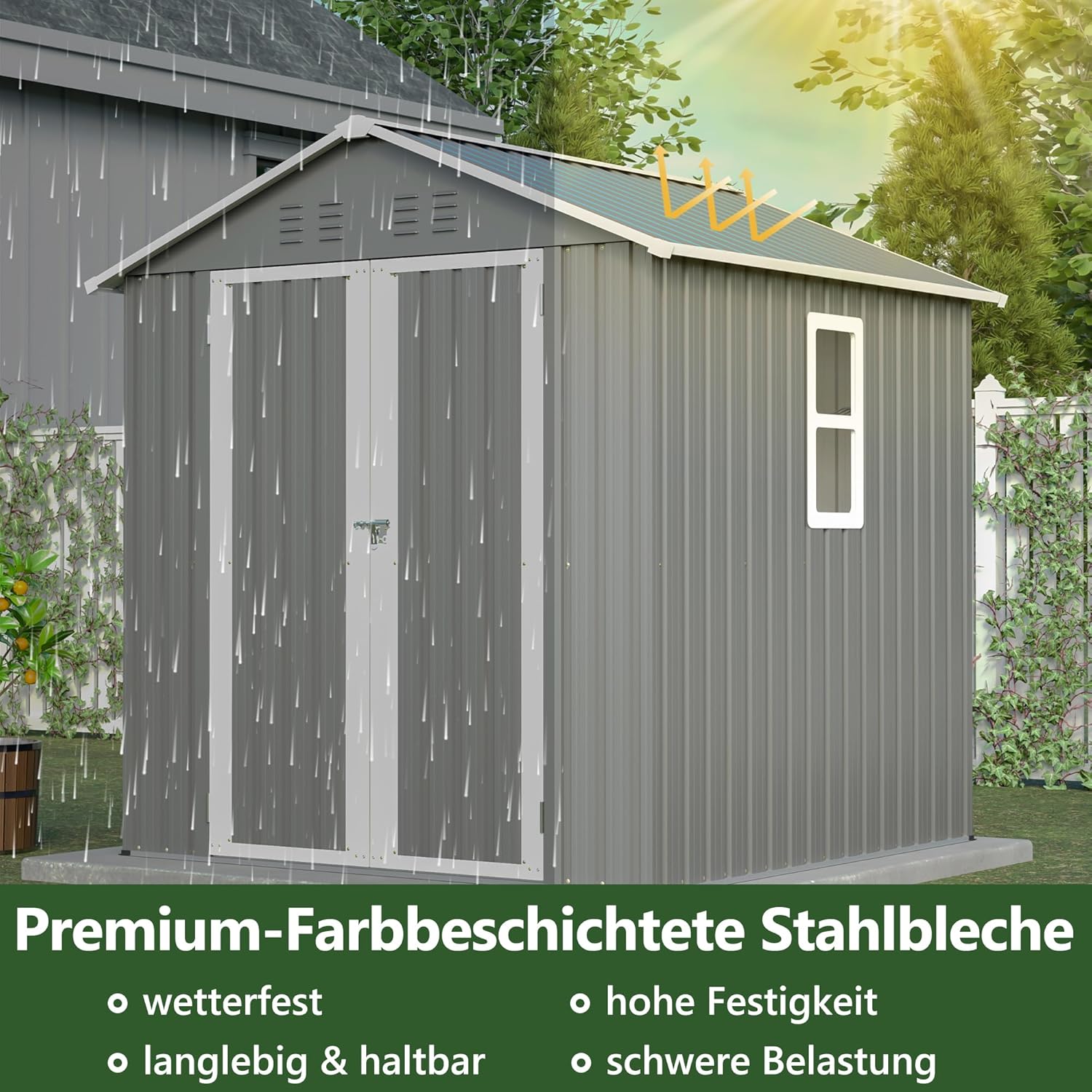 Metall Gerätehaus Gartenhaus 185x182x191cm, Geräteschuppen mit Fenster & Satteldach, wetterfest Gartenschuppen Inkl. Metallfundament (ohne Boden) für Outdoor Garten Terrasse, Grau