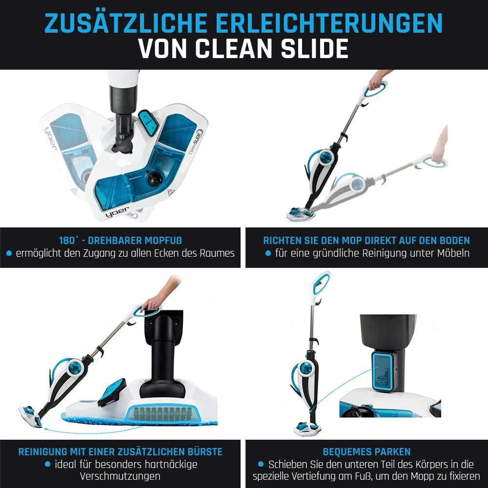 Yoer CleanSlide SMC01W, Dampfmop mit Handwaschanlage, 6 m Reichweite, 400-ml-Tank, Zubehörsatz, Schnellaufheizung, Drehfuß, für Teppiche, Polster, Teppichböden, weiß