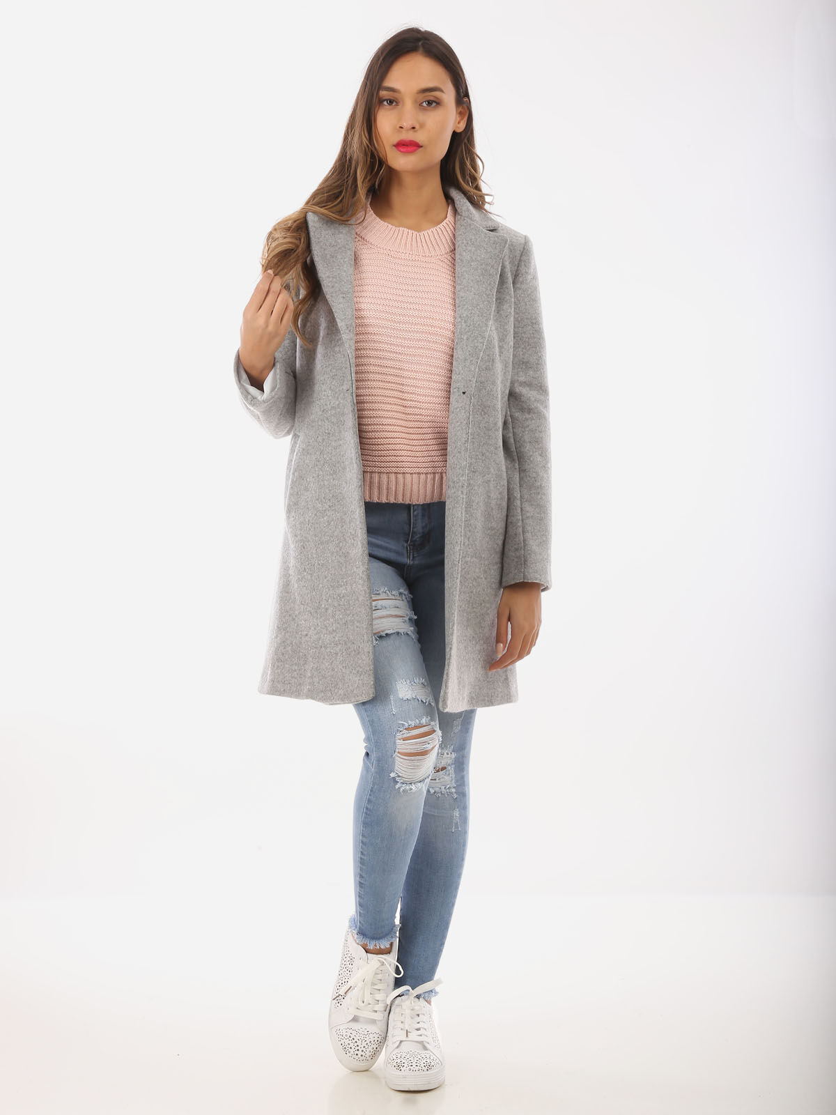Manteau classique à bouton- Gris clair