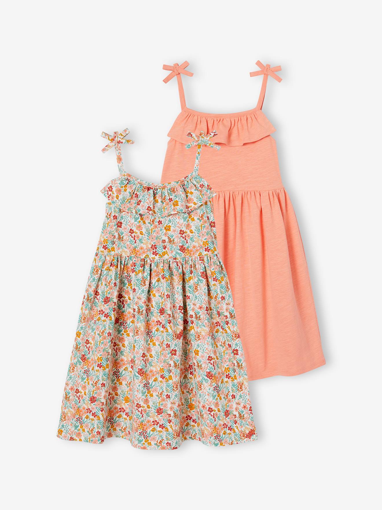Conjunto com 2 vestidos de alças, 1 estampado + 1 liso, para meninas, azul médio, bicolor/multicolorido.