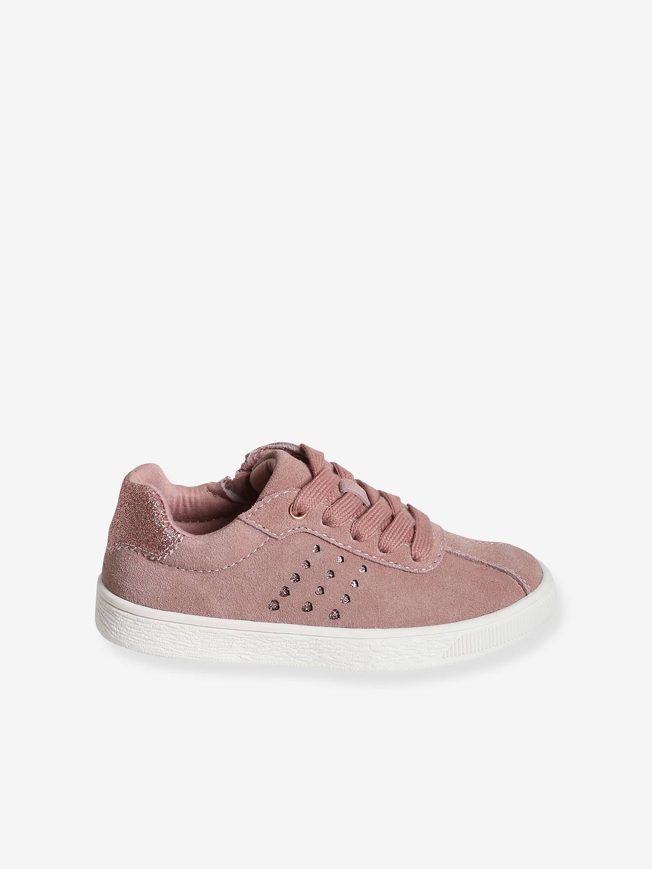 Tênis de couro com cadarços e zíperes com glitter, rosa médio liso para meninas.