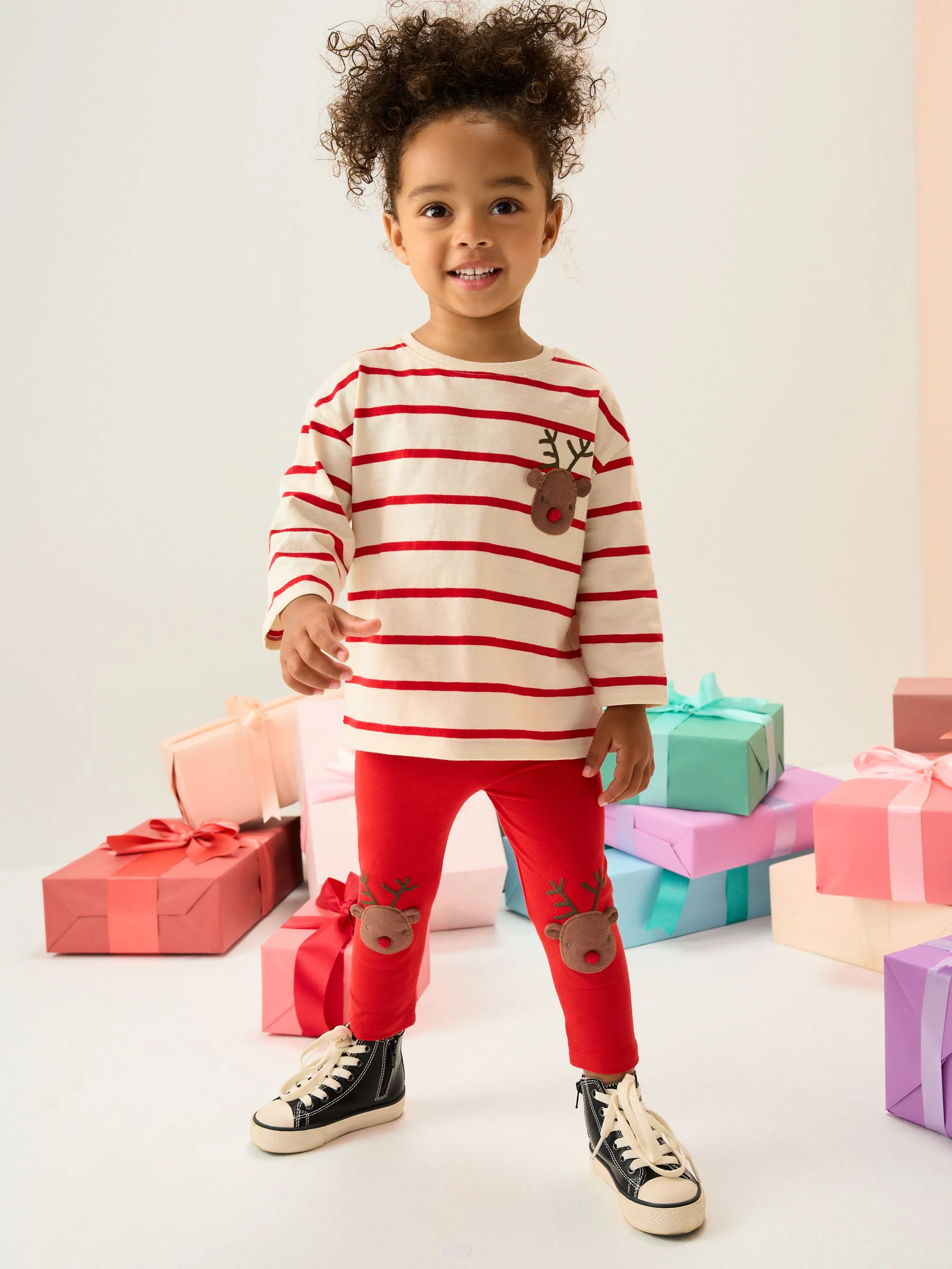 Rood Strepen Rendier en Kerstman Print - Top met applicatie en lange mouwen (3mnd-7jr)