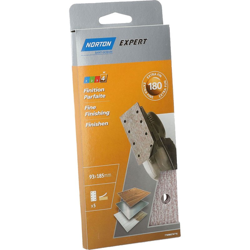 Patin auto-agrippant Norton multi-usages pour ponceuses vibrantes 93 x 185 mm - Grain 180 - Lot de 5