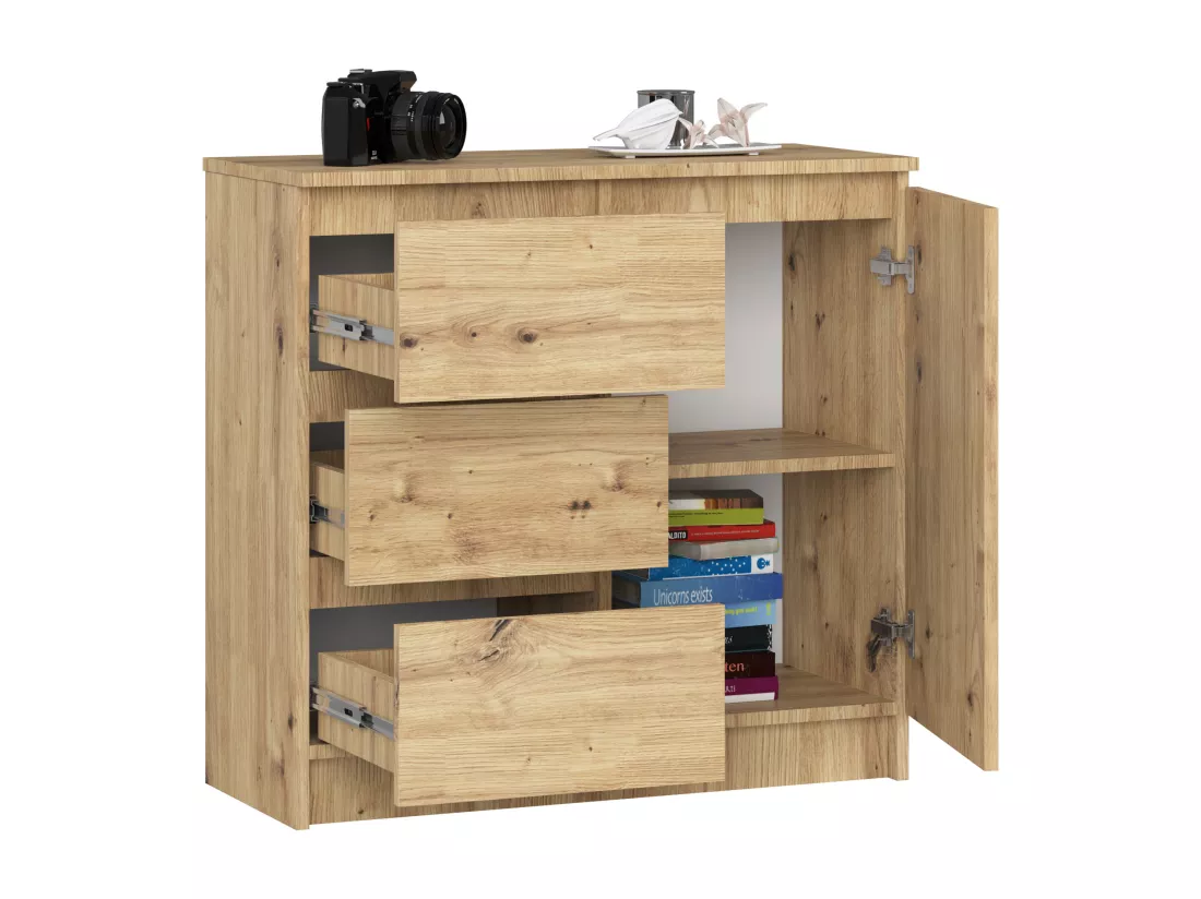 Commode AKORD JERRY Chêne Artisan 80 cm 1 porte 3 tiroirs façade Chêne Artisan 2 étagères 80x35x77 cm