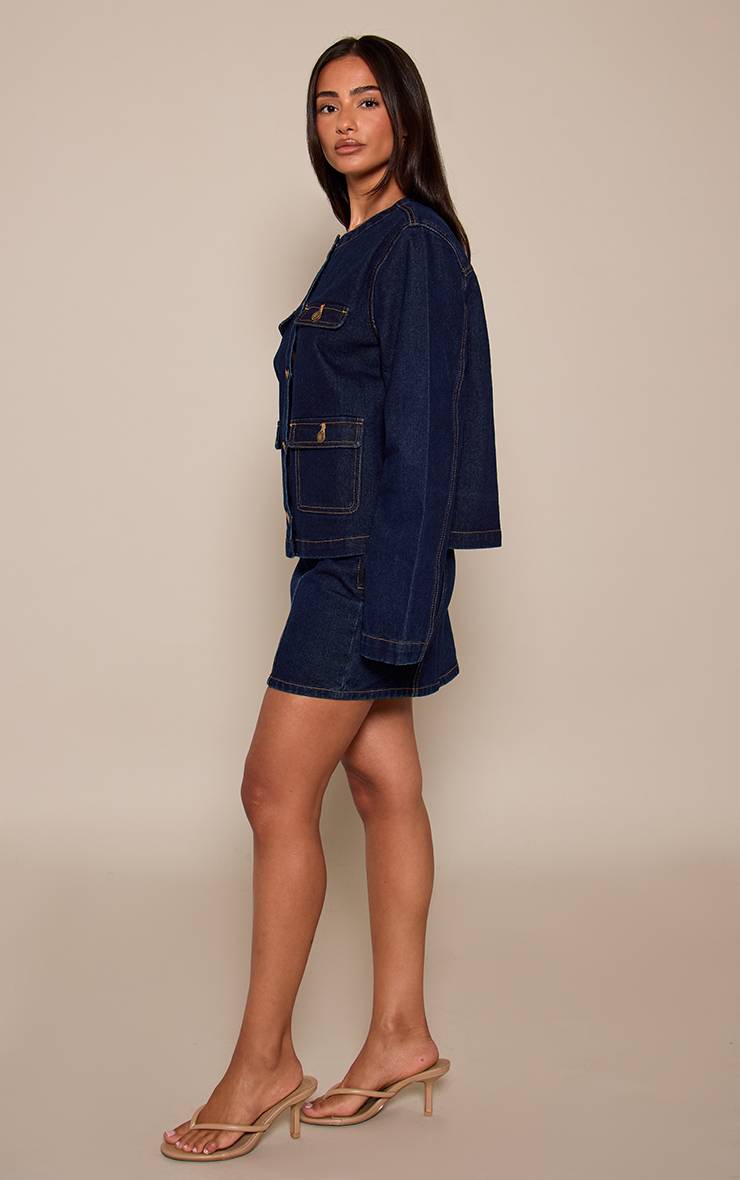 Bleu Indigo Veste En Jean Sans Col Avec Détails De Poches Pour Petite Taille